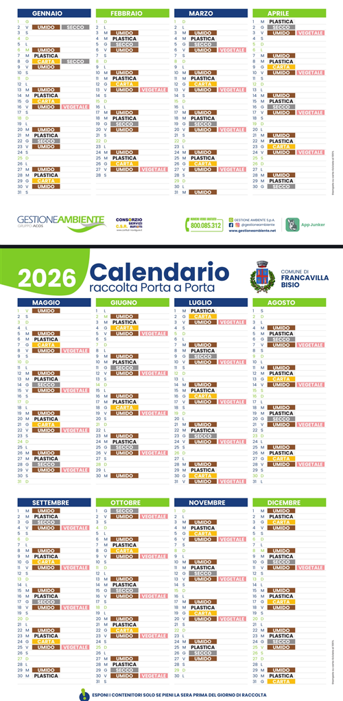 Calendario raccolta differenziata 2026