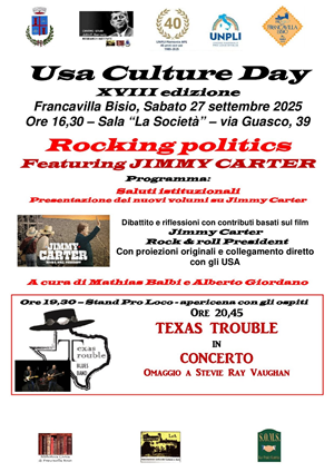 Usa Culture Day
XVIII edizione
Francavilla Bisio, Sabato 27 Settembre 2025
Ore 16,30 - Sala "La Società" - via Guasco, 39

